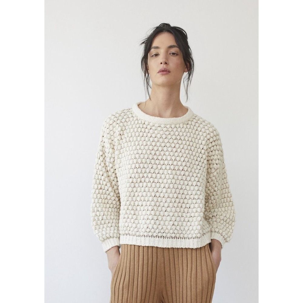 Wol Hide Strata Textured Pullover Knit Sweater M/L Cream Organic Cotton Linen